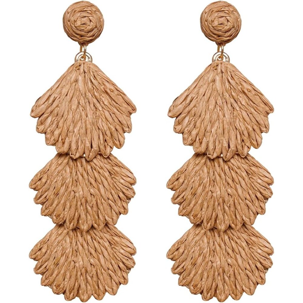 Fashion-Forward Raffia Shell Dangle Earrings - Pe… - image 1